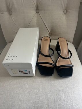 a new day Black Minimalist Square-Toe Strappy Heels